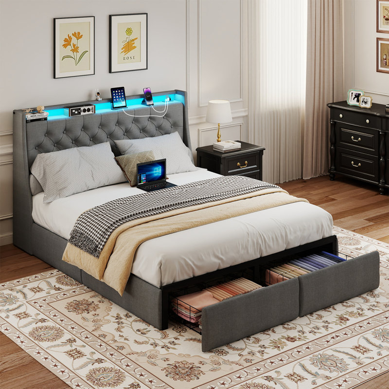 FullSize Upholstered Bed Frame with LED Lights,Platform Bed Frame with 2 Sliding Drawers and Storage Headboard,Built-in Charging Station