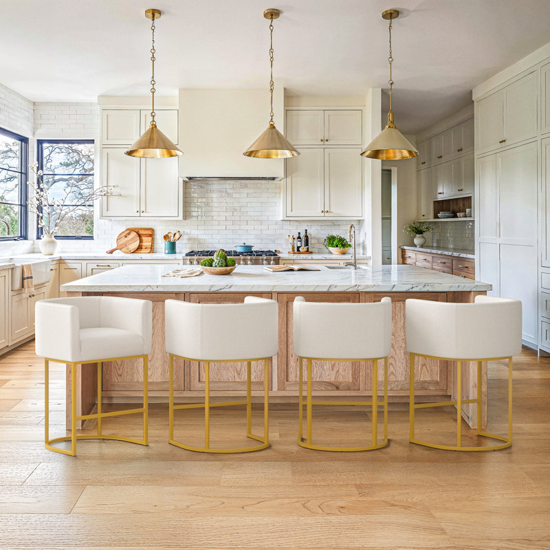 27"Upholstered Counter Stools With Curved Barrel Back, Metal Frame And Footrest, Beige Linen Seat/Gold Frame