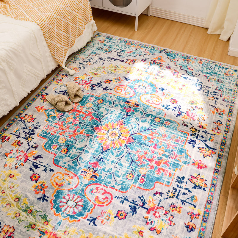 Non-Slip Machine Washable Red/Teal/Gray Oriental Area Rug, Rectangle 8' x 10'