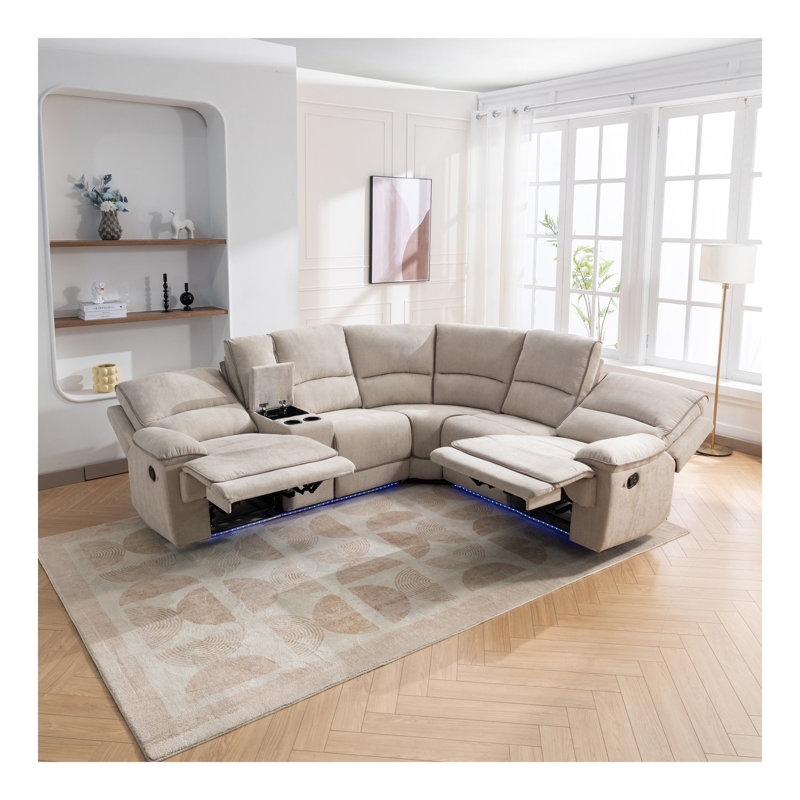 Ensemble de mobilier de salon inclinable manuel moderne avec ports USB, rangement caché, bande lumineuse à DEL et 2 porte-gobelets, crème