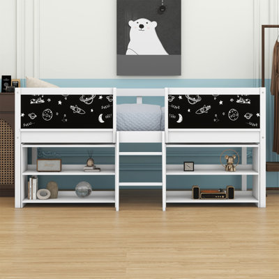Low Loft Bed With Shelves And Ladder,With Decorative Guardrail Chalkboard