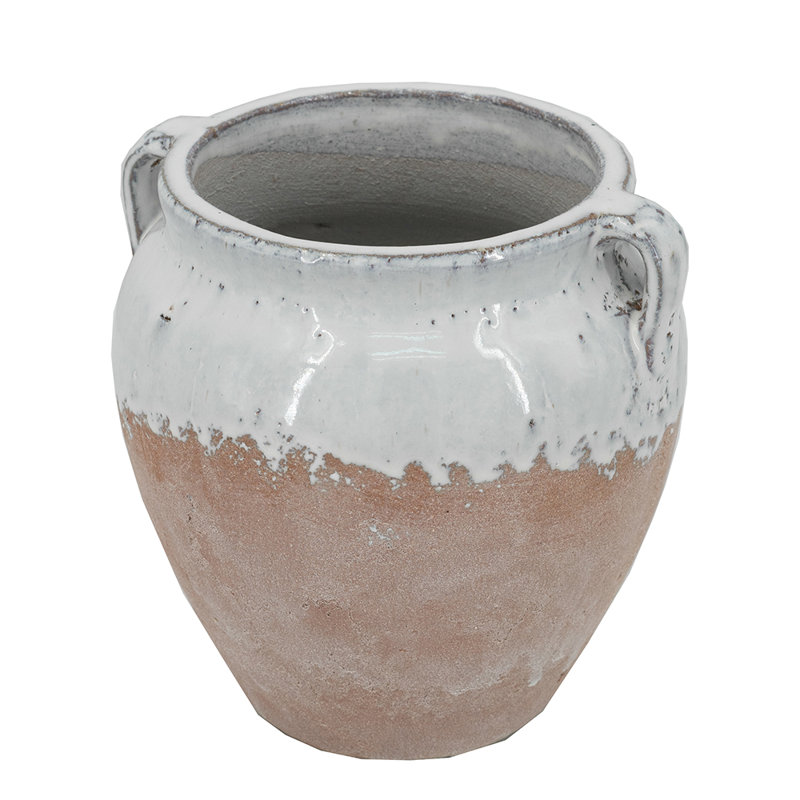Round Terracotta Vase with Distressed White Tan Finish