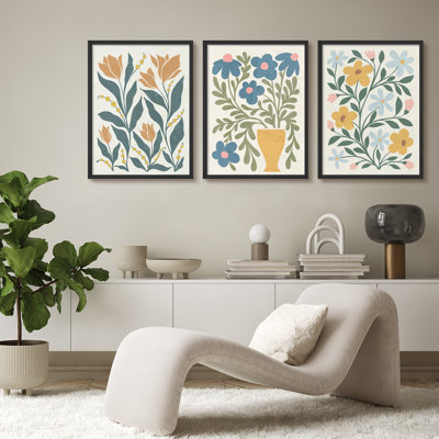 Ensemble de 3 reproductions d'art moderne encadrées à motif floral pastel - design botanique scandinave pour le salon, la chambre à coucher