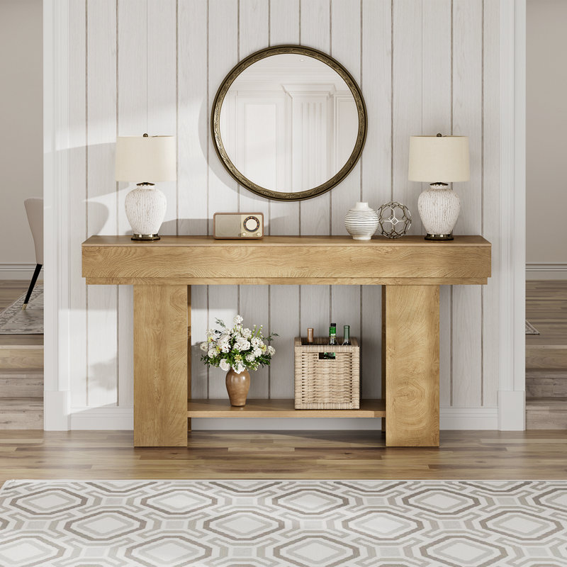 63 Inch Long Console Table For Entryway, Farmhouse Wood Entryway Table For Hallway, Foyer, Living Room, Home Decor, Sturdy Sofa Table With 2-Tier Storage Shelf