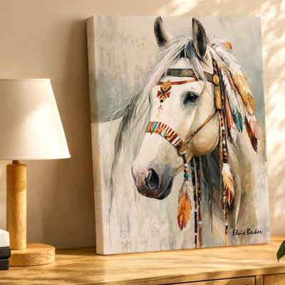 White Horse Native Feather Headdress Animal Painting Canvas Wall Art Print, White Decorative Artwork for Home Decor, Bedroom, Living Room, Office, Gallery Wall Accent, Modern Home Styling