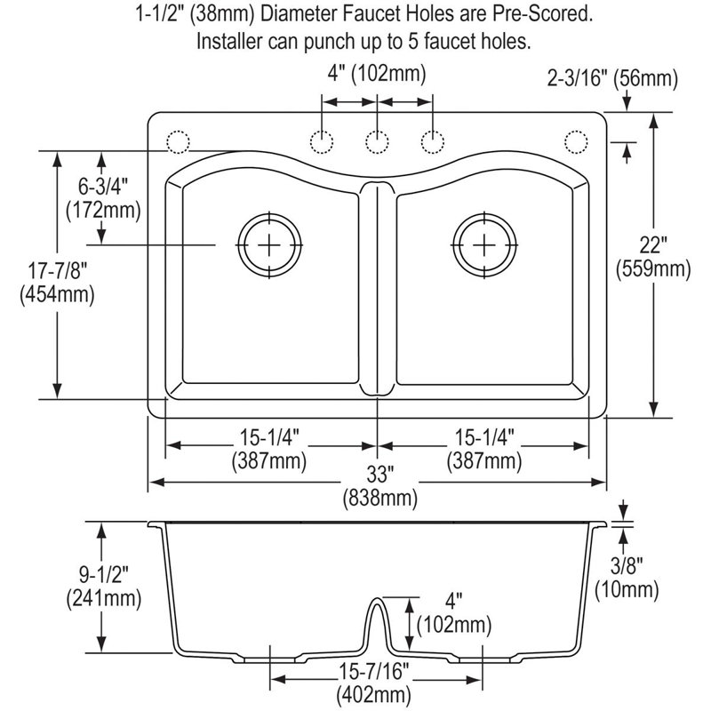Quartz Classic 33" x 22" x 9-1/2" Double Basin Drop-in Kitchen Sink with Mounting Hardware, Greige