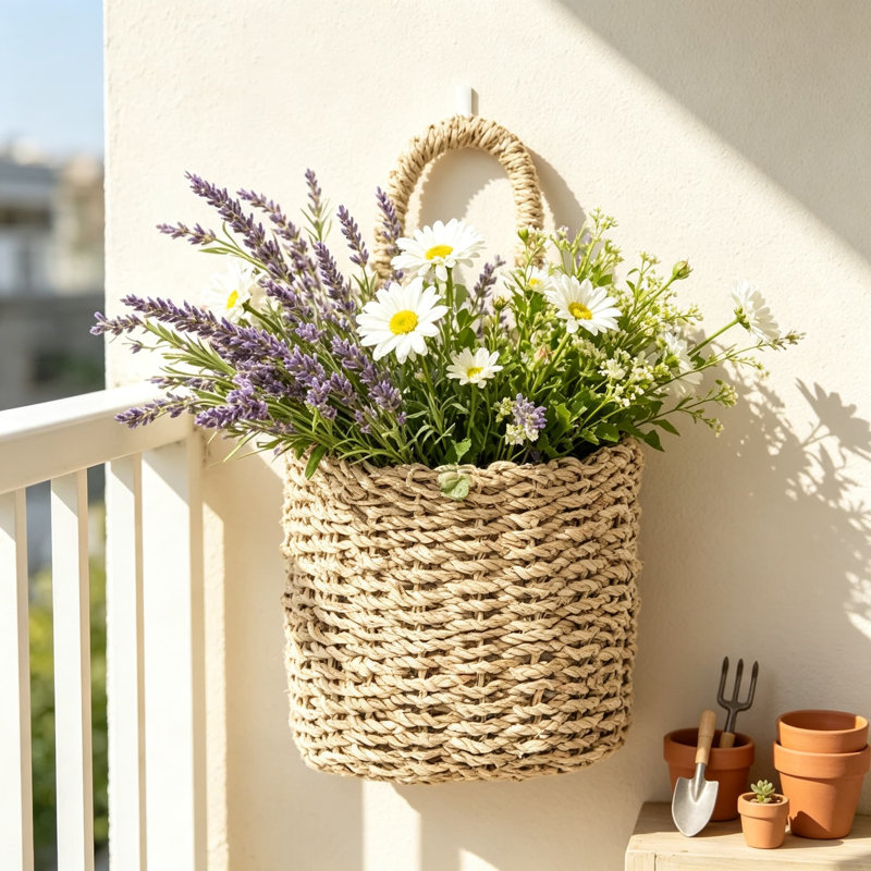 Seagrass suspendu panier de décoration murale de porte d'entrée, panier de rangement mural tissé à la main pour la cuisine de la salle de bain, vestibule, organisateur léger pour les petites plantes et le courrier