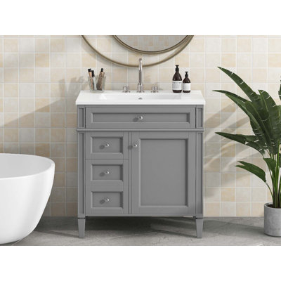Meuble-lavabo de 30 po avec lavabo supérieur, meuble-lavabo moderne avec 2 tiroirs et tiroir escamotable, meuble-lavabo simple
