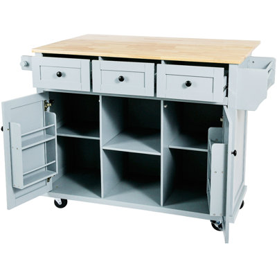 Grey Blue Kitchen Island With Space Saving Feature & Drop, 5 Wheels, Cart 3 Drawers, For Neat Home