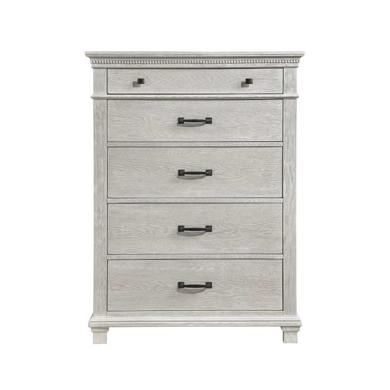 Avy Tall Dresser Chest, Light Mist Gray Pine Wood, 5 Spacious Drawers