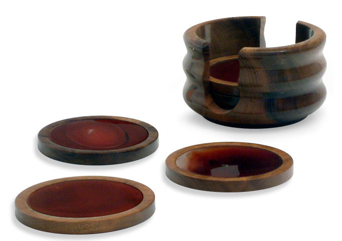 Wood Round Coaster Set With Holder
