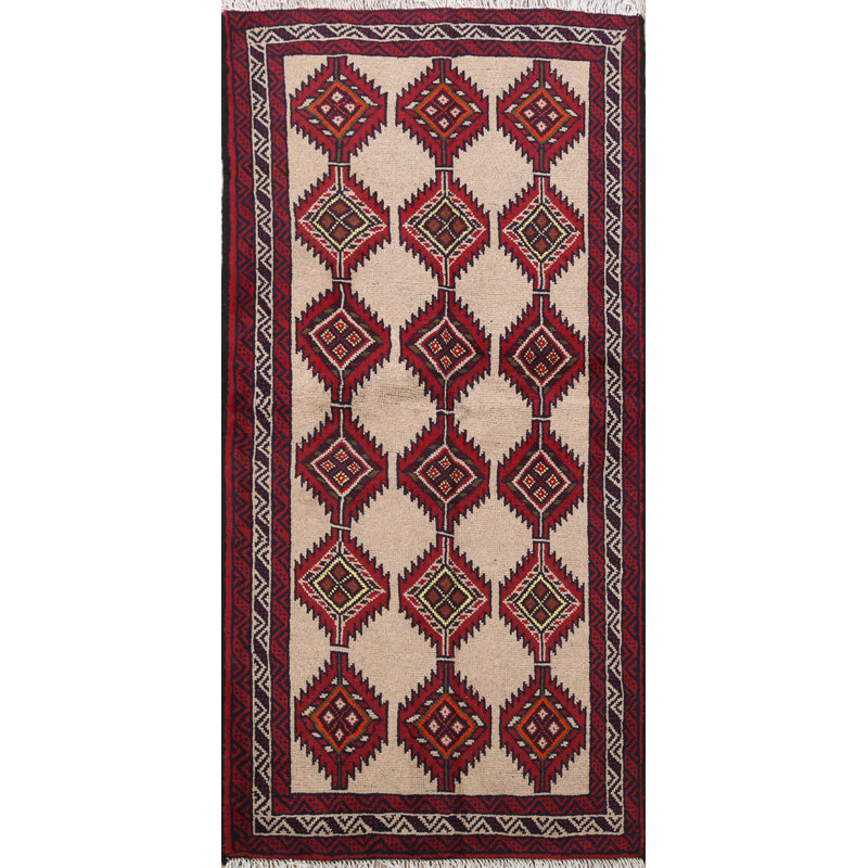 Tapis décoratif en laine de conception unique noué à la main New Age Balouch Ivoire 3 pi 3 po x 6 pi 1 po Bedirhan