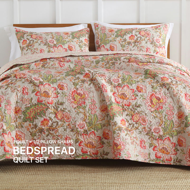 Courtepointe orange en coton floral - 104 po, Édredon très grand et 2 taies d'oreiller, Floral orange