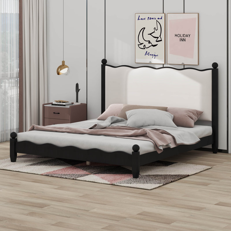 Wood Platform Bed With Upholstered Headboard, Black/Beige, Queen
