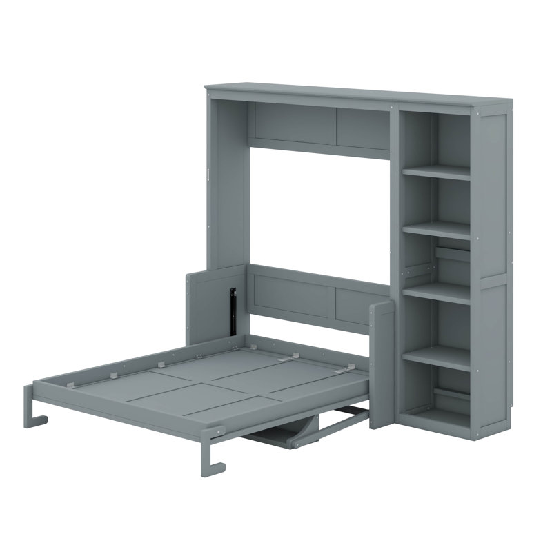 Lit escamotable Murphy avec bureau, cadre de lit mural peu encombrant avec tablettes de rangement, gris, Double