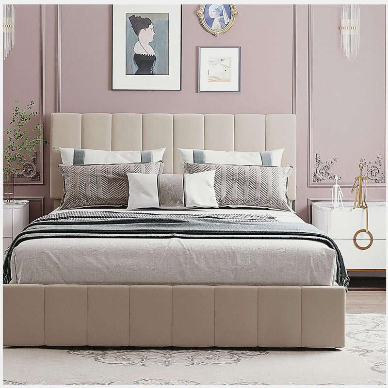 Grand lit plateforme tapissier avec système de rangement hydraulique - beige