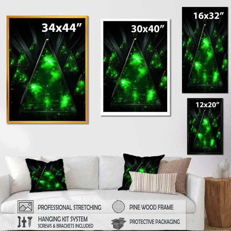 Fractale verte géométrique II - art mural géométrique, Cadre flottant noir, H 20 po x l 12 po x P 1 po