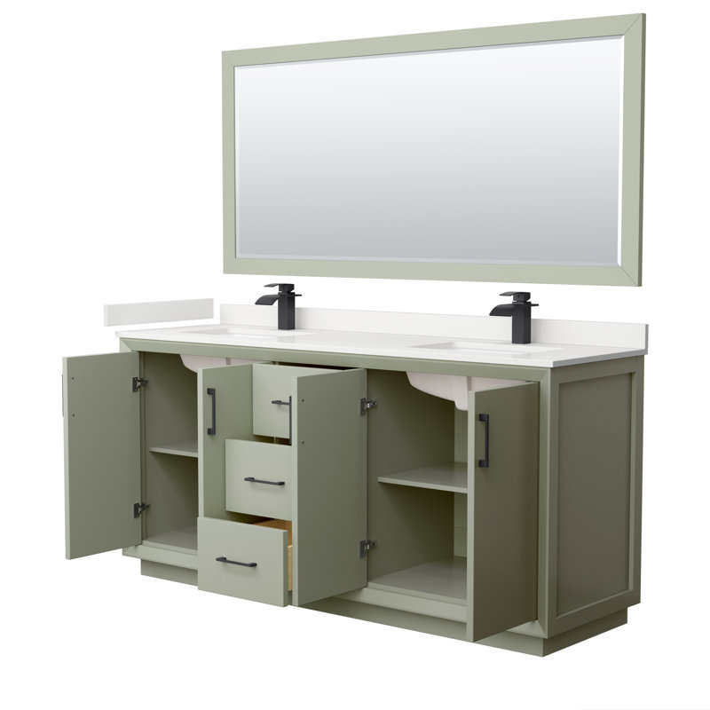 Meuble-lavabo double autoportant 72 po avec plateau en quartz Strada, Quartz blanc, Vert clair, Bronze satiné