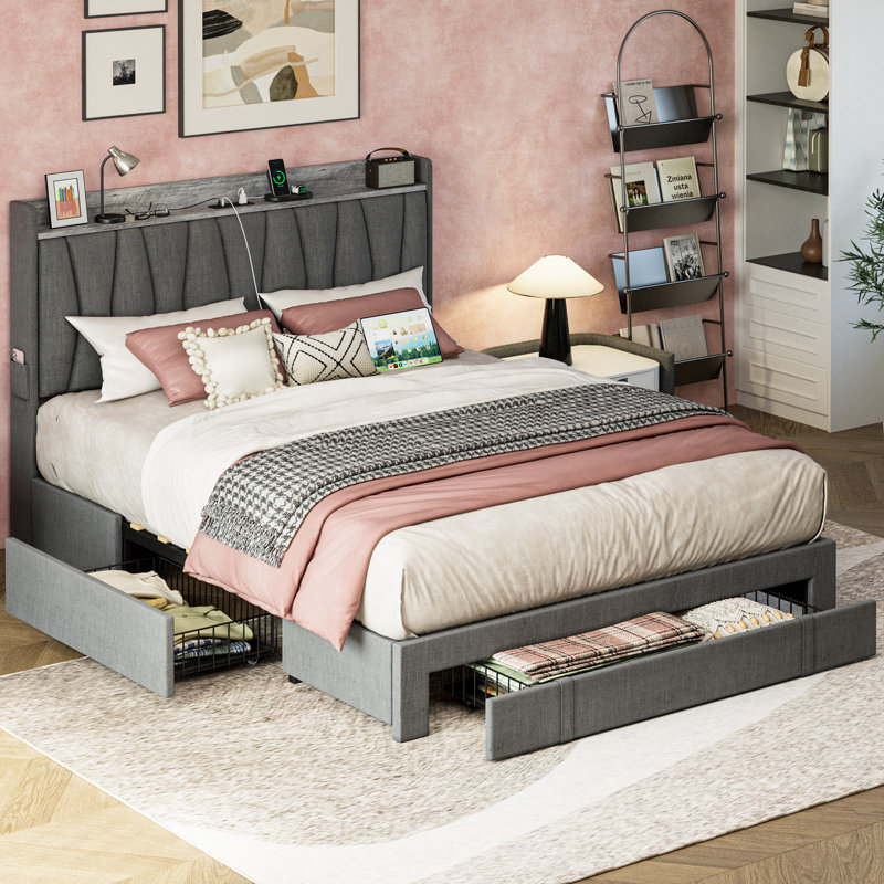 Gray Full Upholstered Linen Bed Frame with Storage Drawers