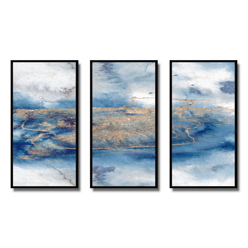 «Abstract Classic Blue and Gold I», reproduction de cadre photo sur toile 3 pièces, Cadre noir, H 28 po x l 36 po x P 1 po