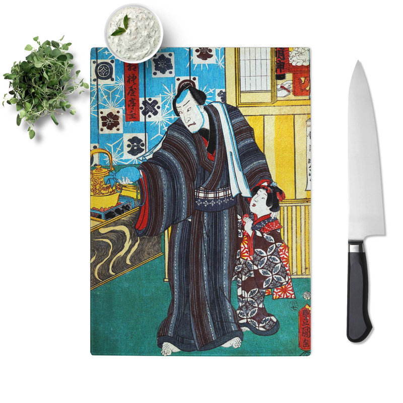 Tempered Glass Father with Child by Utagawa Kunisada Chopping Board, 39cm W x 28.5cm L