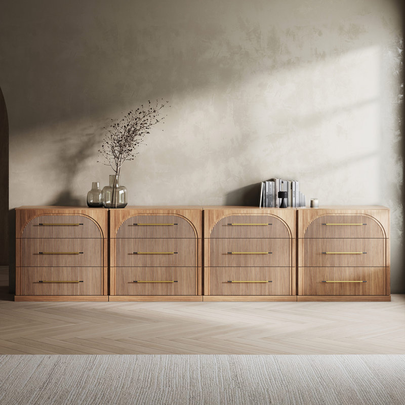 Ensemble de 4 buffets modulaires cannelés à 3 tiroirs, brun clair, Chameau