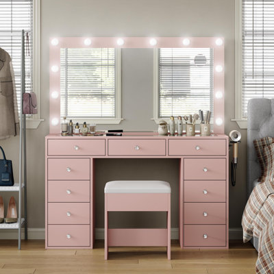 Vanity Desk with Illuminated Mirror & Power Outlet, 11 Drawers Vanity Table with Chair, Makeup Vanity with 12 LED Lights, Tempered Glass Top, Dressing