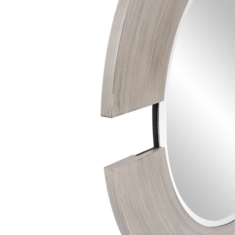 Agatie Round Beveled Wall Mirror with Partial Wood Frame, Silver