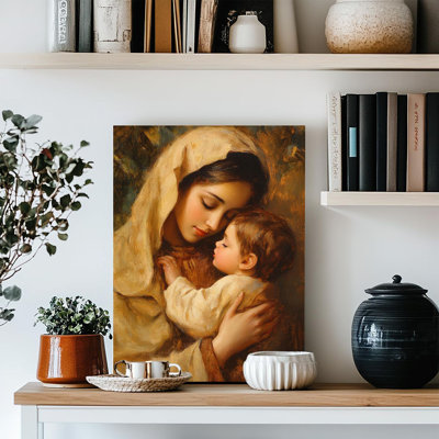 Virgin Mary And Jesus Canvas Print Renaissance Style Mother Child Portrait Painting Motherhood Moment Artwork For Nursery Living Room Home Decor Framed 12X16in