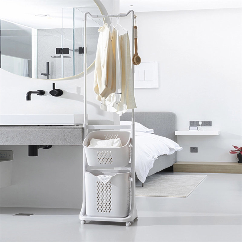 Trieur de paniers à linge à 2 niveaux avec barre de suspension, paniers à linge roulants sur roulettes, organisateur de chariot à linge amovible et empilable et rangement pour petits espaces, dortoir, placard, salle de bain