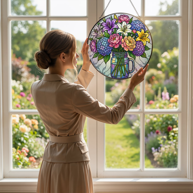 Panneau de vitrail d'arrangement floral 12 po H, H 12 po x l 12 po