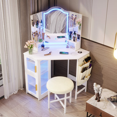 Dressing Table with Motion Sensor 3-colour lighting, Charging Socket and Stool
