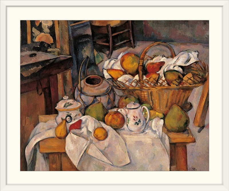 Nature morte dans le panier, 1888-1890. Musee d par Paul Cezanne - reproduction, H 20 po x l 23 po x P 1 po, Cadre blanc