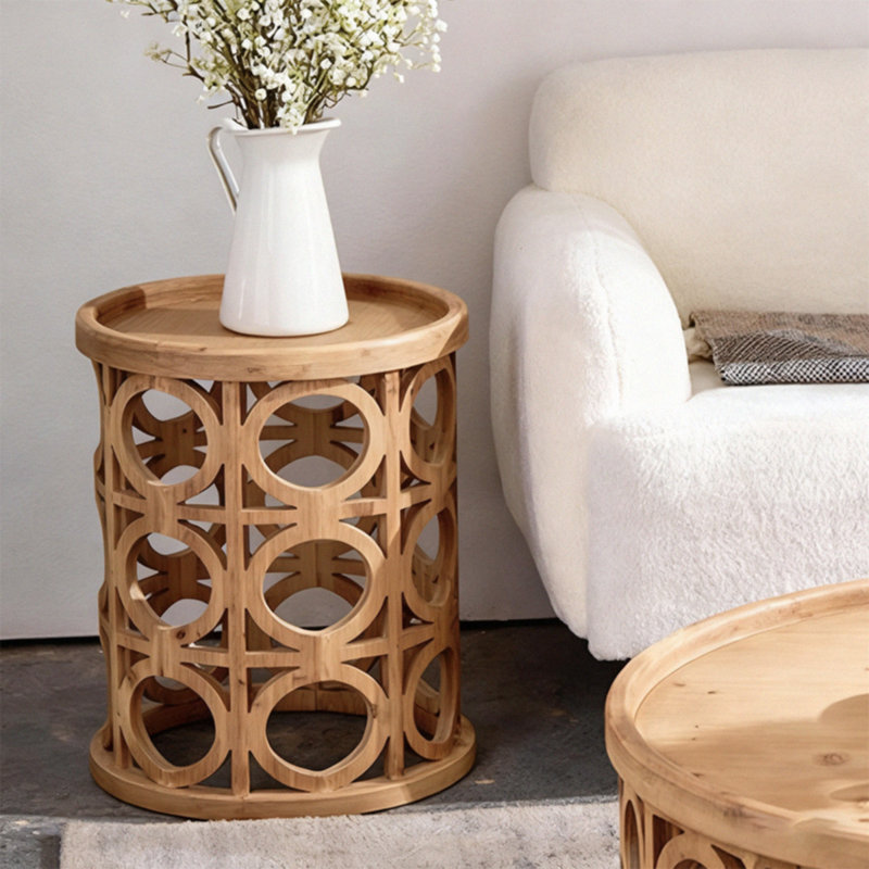 Table basse ronde en bois massif rétro Burlywood, H 19,29 po x L 15,75 po x l 15,75 po