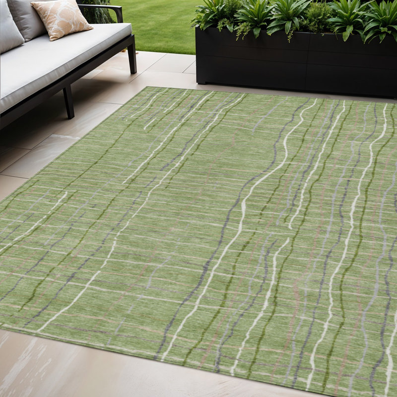 Tapis intérieur lavable rayé vert 5 pi x 8 pi ivoire et gris