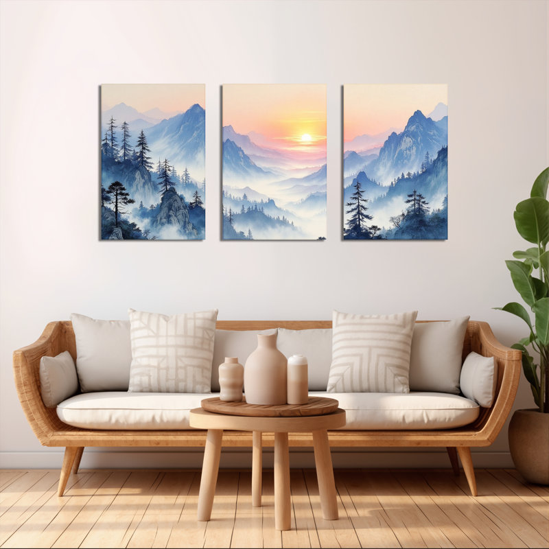 Paysage de montagne coucher de soleil sur toile tendue, reproduction de peinture à l'huile (ensemble de 3), H 18 po x l 36 po