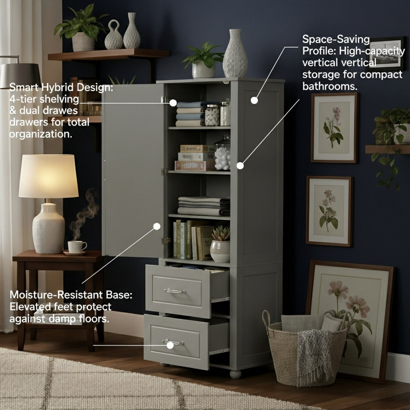 61" Tall Bathroom Linen Cabinet With 2 Drawers And Large Door Cabinet, Moisture-Resistant MDF Storage Tower For Towels And Toiletries