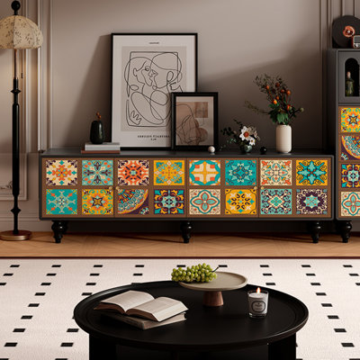 Solid Pine TV Stand with Printed Pattern
