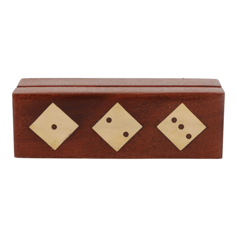 Boîte à dés décorative en bois de cinq avec accents en laiton pour jeu familial ou table basse - Ensemble de jeu de table rectangulaire pour le salon - 5 po, brun