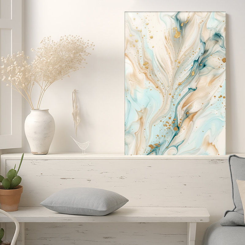 Art mural sur toile à texture abstraite, bleu clair, beige et or, 24"H x 18"W