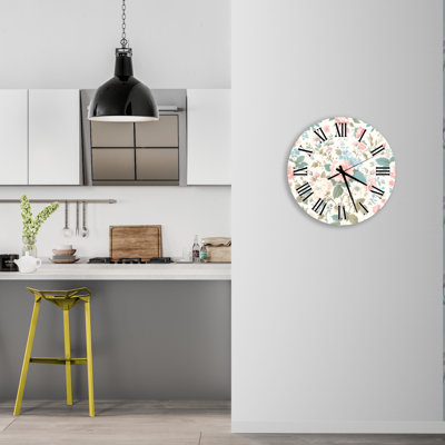 Horloge murale florale en verre trempé, style, fleurs roses et bleues, décoration murale moderne, horloge de décoration intérieure, pièce de déclaration