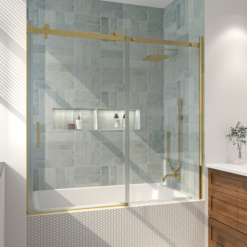 56" - 60" W x 58" H Single Sliding Semi-Frameless Tub Door with Clear Glass, Brushed Gold