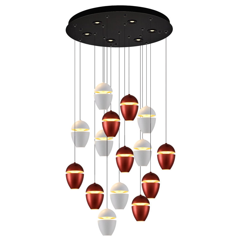 Lustre élégant en métal avec capuchon en verre opale, 19,7 po de diamètre x 47,2 po de hauteur | 175 douilles à DEL, température de 3000 K, 17 500 lumens | Assemblé, blanc et brun | Parfait pour les salles à manger et les salons modernes