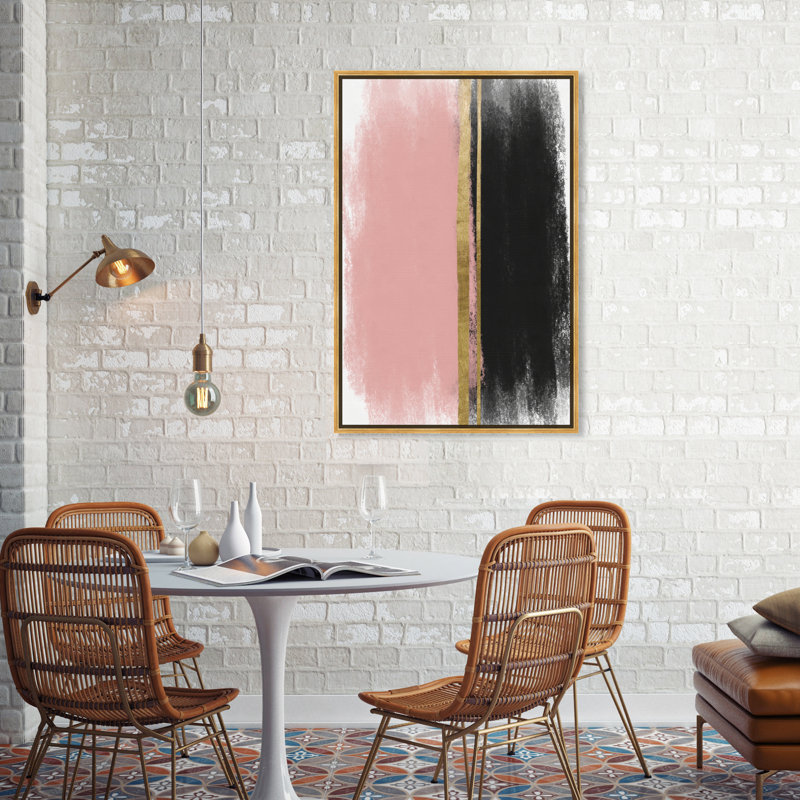 «Blush Around», rose doré, coups de pinceau, rose glamour - peinture sur toile, H 46 po x l 31 po, Cadre doré