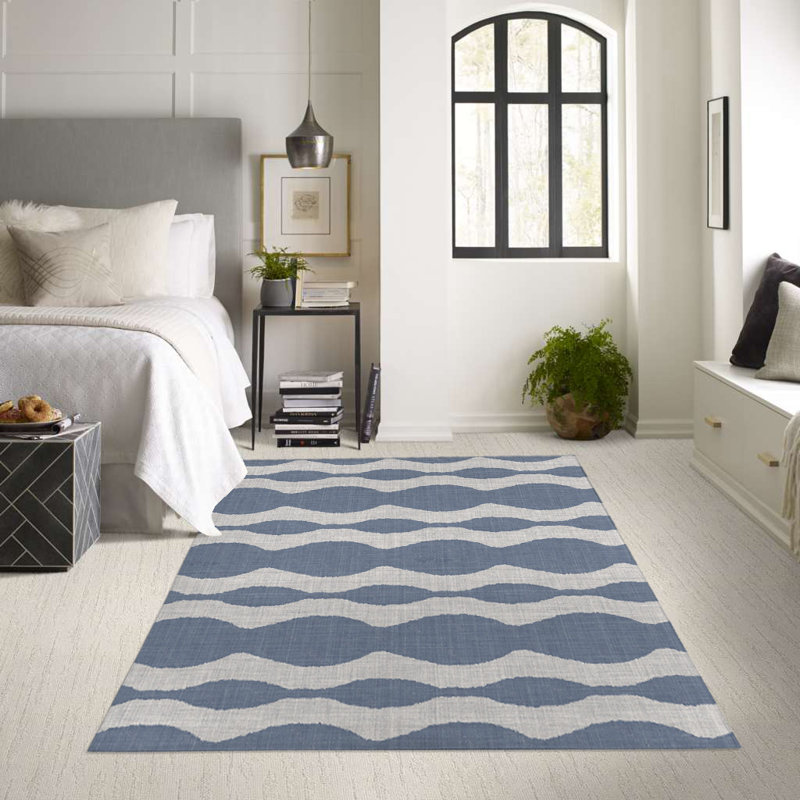 Tapis d'intérieur / extérieur en polyester tissé à la machine à motif géométrique rectangulaire bleu / blanc