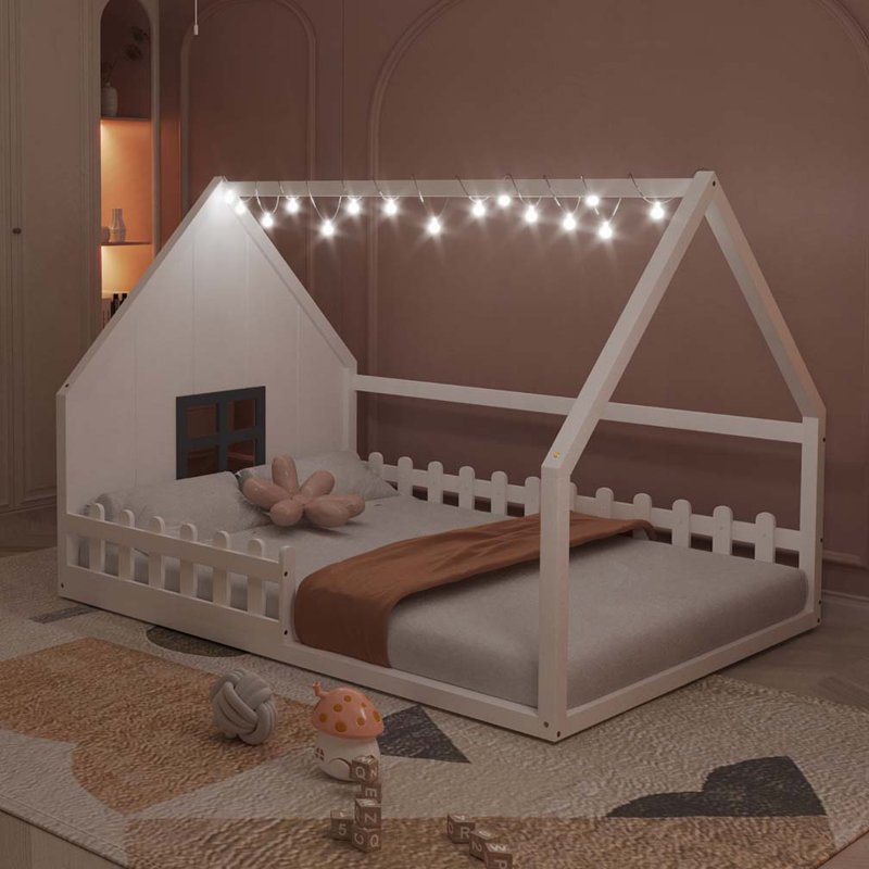 Lit en bois avec fenêtre et clôture, Blanc
