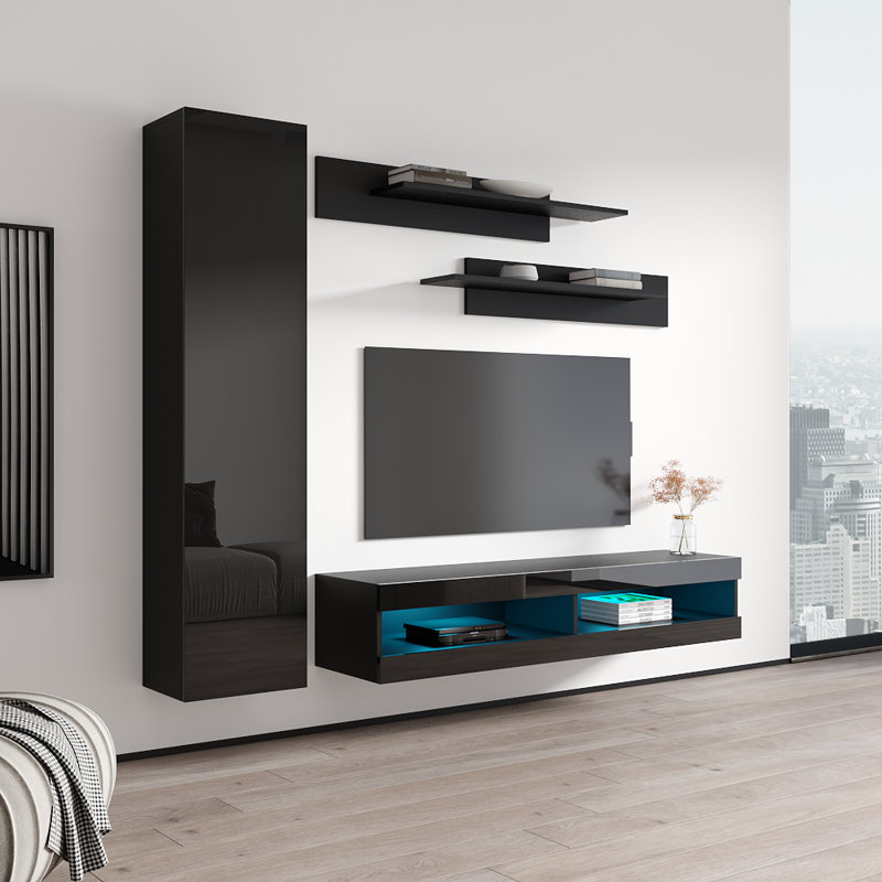 85" Modern Floating Wall Mounted Entertainment Center with 16-Color LED Lighting, High Gloss Finish, Black