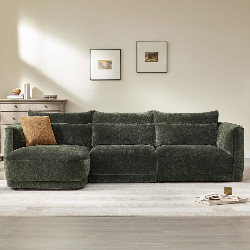 119'' Modular Curved Chenille Sofa With Chaise, Left Hand Facing, Forest Green Polyester