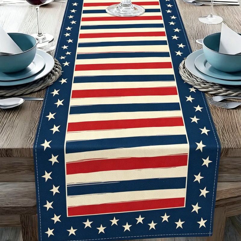 Chemin de table rayé en mélange de lin avec finition imperméable, décor patriotique de la fête de l'Independance pour la table et la cuisine - étoiles et rayures rouges, blanches et bleues