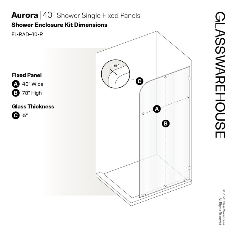 Aurora 40 in. x 78 in. Fully Frameless Fluted Radius Single Fixed Shower Panel, Right, Matte Black